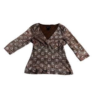 INC International Concepts floral V-Neck blouse, cream silver gold, stretchy, L.